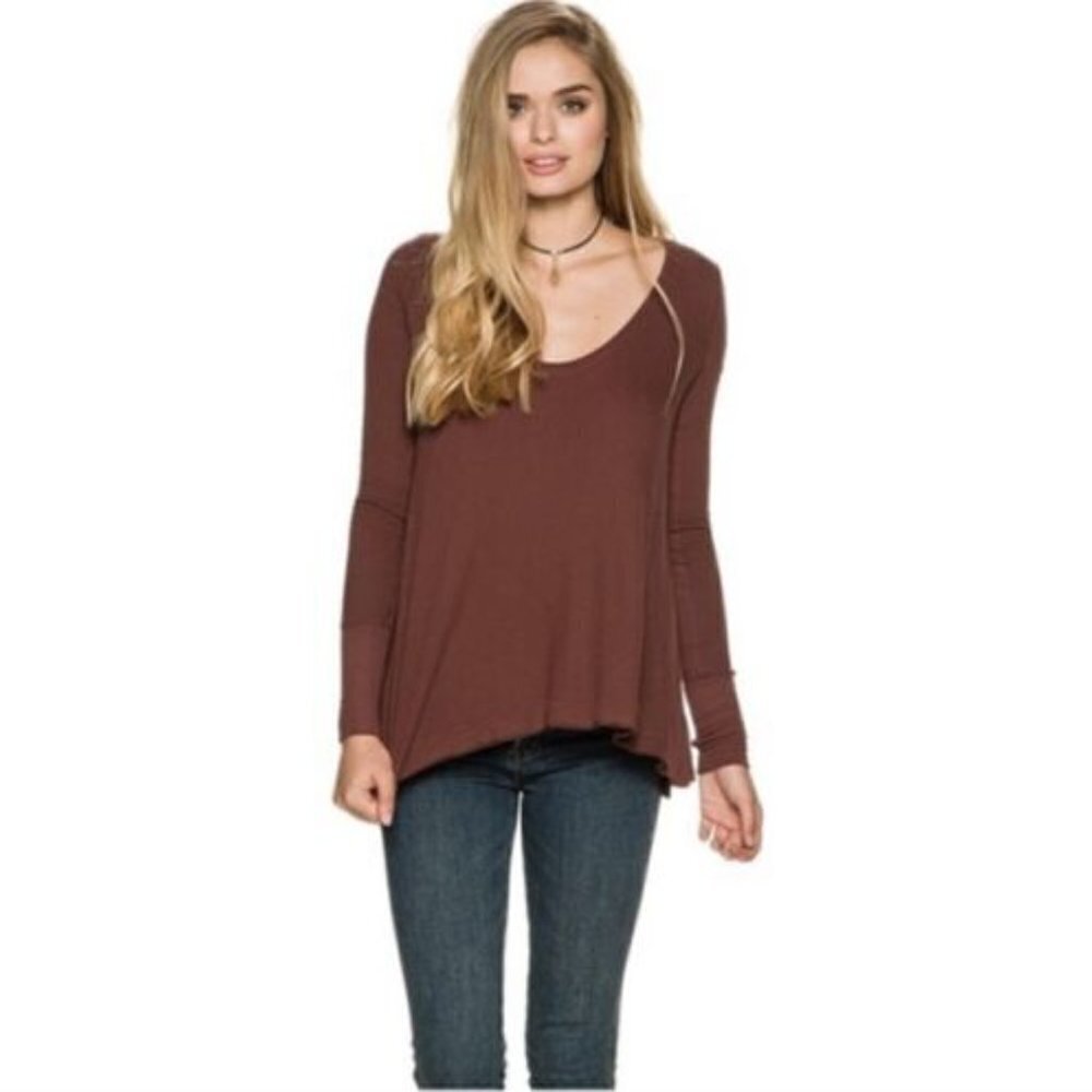 WE The Free Women Brown Waffle Knit Scoop Neck Hi-low Hem Long Sleeve Size XS